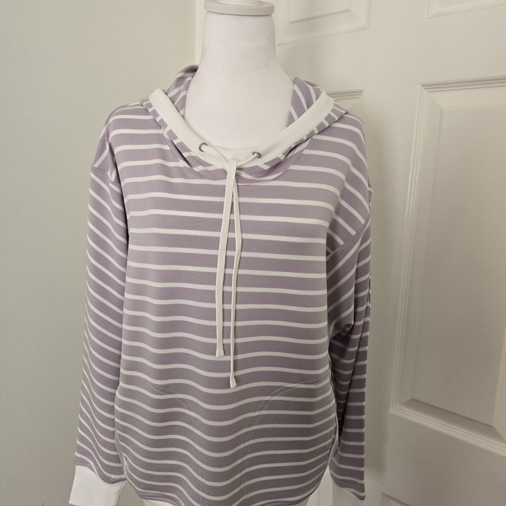 Jane and Delancey Lavender and White Striped Hooded  2 Pocket Top Sz. (Med).